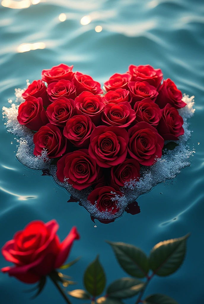 Bookey of 50 red roses in love shape in a ocean with sea foam also there should be a big rose with some leafes in the down corner of the bookey