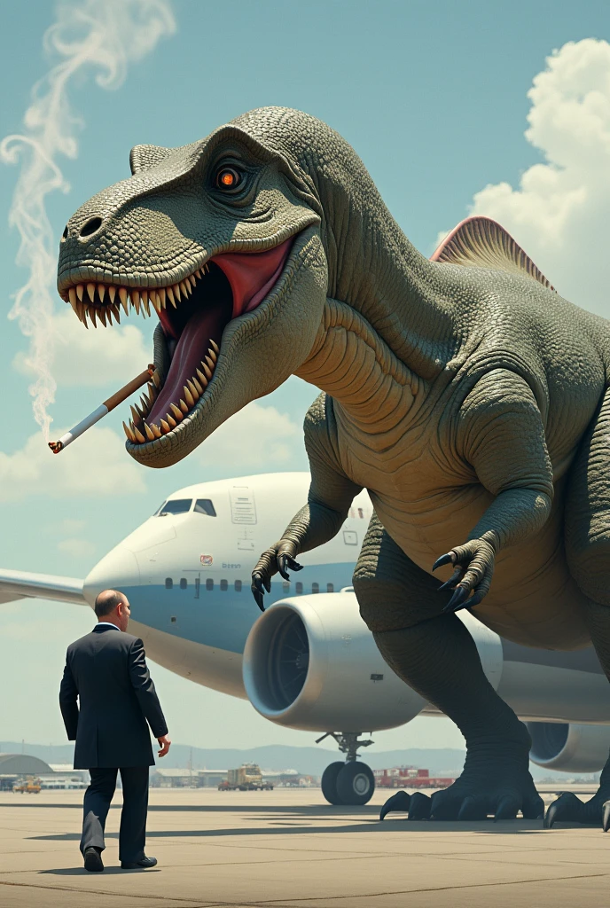 Dinosaur smoking near Vladimir Putin boarding Boeing 747-8