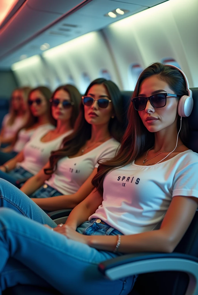 detailed, concentrated, Professional lighting, Very beautiful women(curve body), long hair, wearing white printing t-shirts and jeans, sun glasses, headphones, sitting inside the plane, feeling happy.