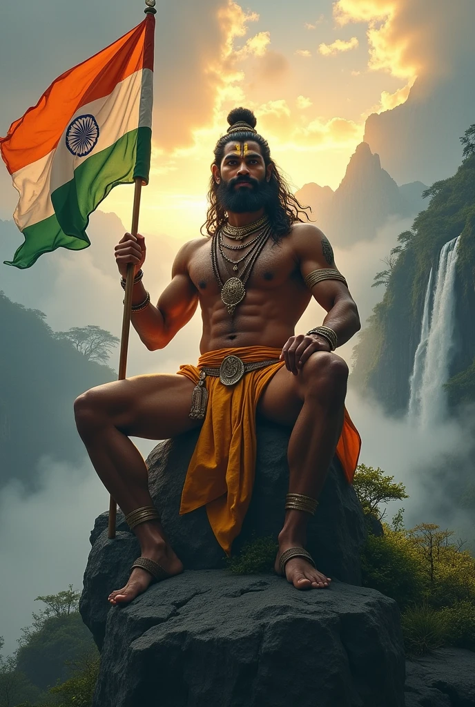 Create a highly detailed image of a powerful, divine human warrior resembling Hanuman ji ,his face look like real hanuman face sitting proudly on a rocky hilltop amidst a lush, green landscape. The character should have a muscular, anthropomorphic body covered in golden , muscular body with six pack , wearing traditional Indian jewelry and a saffron cloth around the waist. He holds an Indian flag, with its colors Vivid and flowing in the wind. His face should show a calm yet fierce expression, with sacred markings on the forehead. The background should feature mist-covered mountains and waterfalls under a sky transitioning from dusk to dawn, creating an epic and mythical atmosphere.