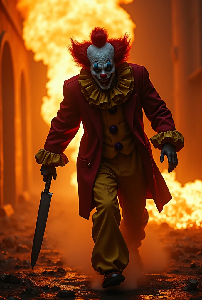 A 45-year-old man dressed as a terrifying clown, with smudged makeup, sharp, blood-stained teeth, and gruesome blood splatters on his face. His expression is intensely horrifying, with twisted, evil features that make his face 1,000 times more frightening. He wears a clown hat, has brightly colored curly hair, and glowing, terrifying eyes. He is bursting confetti with both hands while letting out a horrifying, maniacal laugh, dressed in blood-stained clown clothes, standing closer to the camera, against a green chroma key background