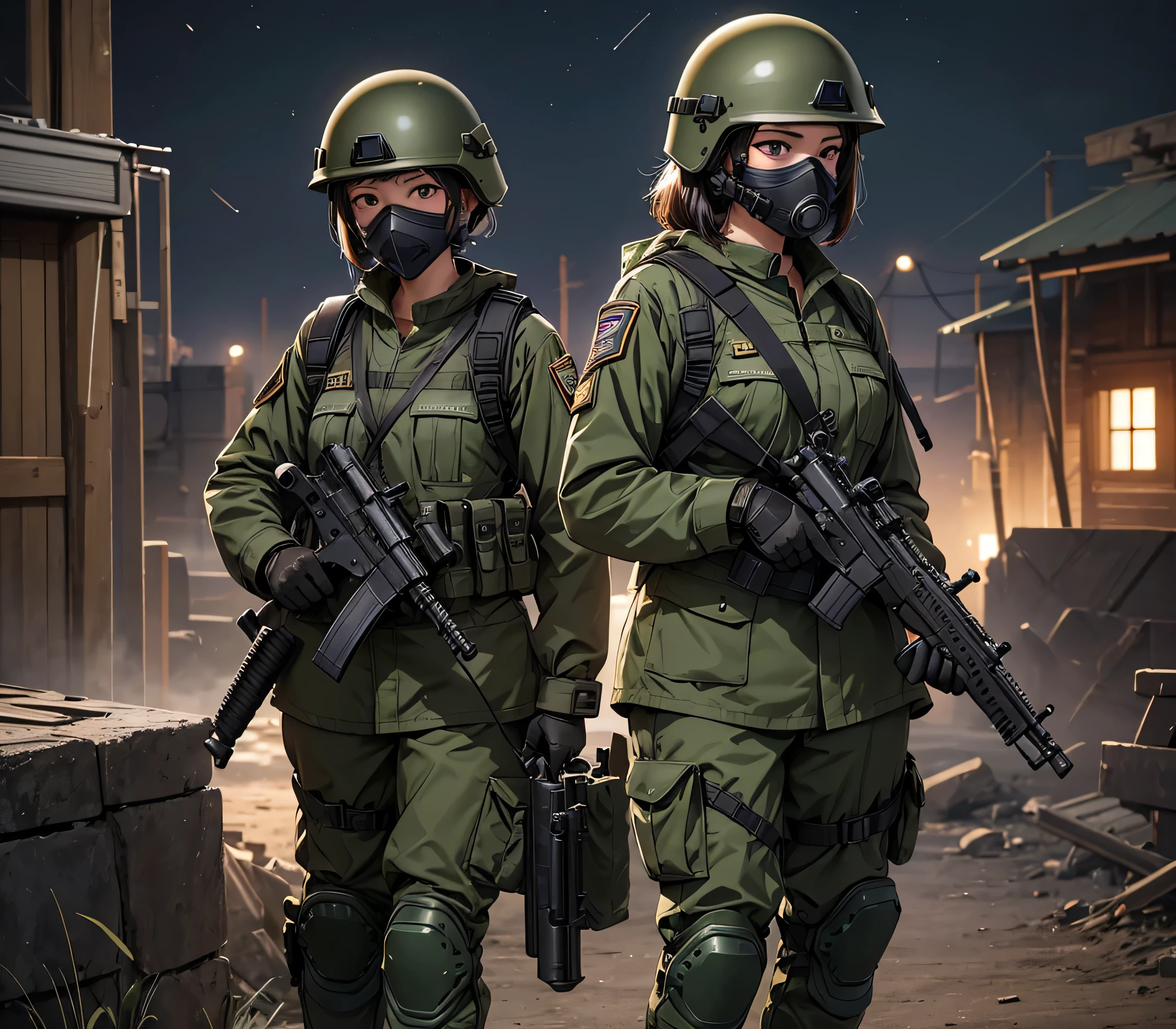A group of female soldiers patrolling at night、All wearing dark green M-51 military uniforms、Wear a steel helmet、Wear goggles、wearing gas masks、Military Pants、Knee pads、Military stronghold、Write details、masterpiece、best quality、Highly detailed CG、8K quality