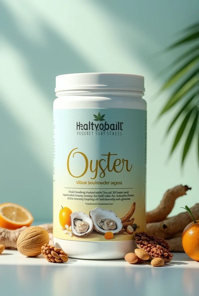 Create an image of a can of nutritious powdered supplement designed for older adults. The can should be visually appealing and emphasize health and vitality. It should prominently feature ingredients like oysters and ginseng on the label, along with various nuts like almonds and walnuts. The design should use calming and trust-inspiring colors like soft blues, greens, and golds. The product name should be clearly visible, with additional text highlighting benefits such as 'Supports Longevity,' 'Boosts Energy,' and 'Rich in Essential Nutrients.' The can should be set against a clean, elegant background, with some visual elements like oysters, ginseng roots, and nuts arranged nearby to emphasize the premium and natural ingredients.