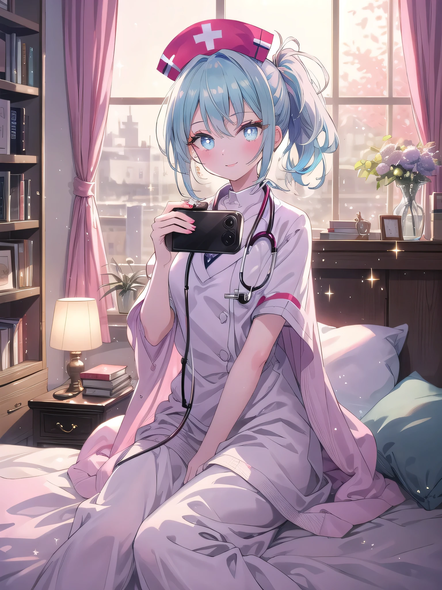 ((8k, Highest quality, masterpiece: 1.3)),Ultra-high resolution,(1 girl, alone), (Color changing eyes, Ultra-detailed, Expressive brilliance, Glitter, Glowing Eyes), Highly detailed eyes, Highly detailed face, Random Hair, ((pastel colour)),A playful young woman with pastel blue hair styled into a loose ponytail, sitting at her vanity in her softly lit bedroom during a quiet evening. She is dressed in a simple yet subtly sexy nurse cosplay, wearing a white dress with a red cross on the chest and a small nurse's cap perched on her head. The camera captures her from a slightly low angle as she smiles warmly while holding a stethoscope, her expression full of care and kindness. The room is warmly lit by a bedside lamp, with a few medical books on the vanity, a cozy blanket draped over the bed, and a calming, comforting atmosphere.

