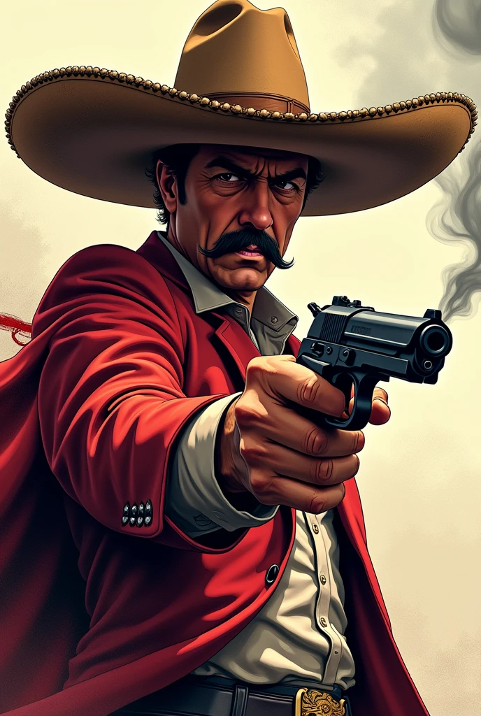 A mexican man with pistol in his hand blowing smoke also with mexican hat anime art style