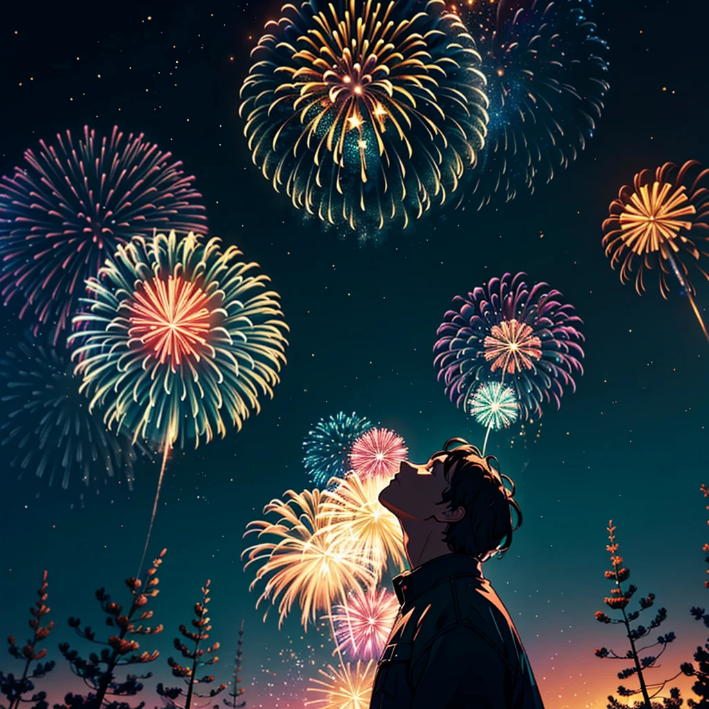 There is a galaxy in the dark night sky,(Splendid fireworks bloom in the dark night sky),(Masterpiece fireworks),(Colorful fireworks explode in the sky),Fireworks large and small,(tmasterpiece,plethora of colors,Best quality,Cinematic lighting effects),A high resolution,high detal,(illustratio,3Drenderingof),A looks up at the sky with a fireworks stick