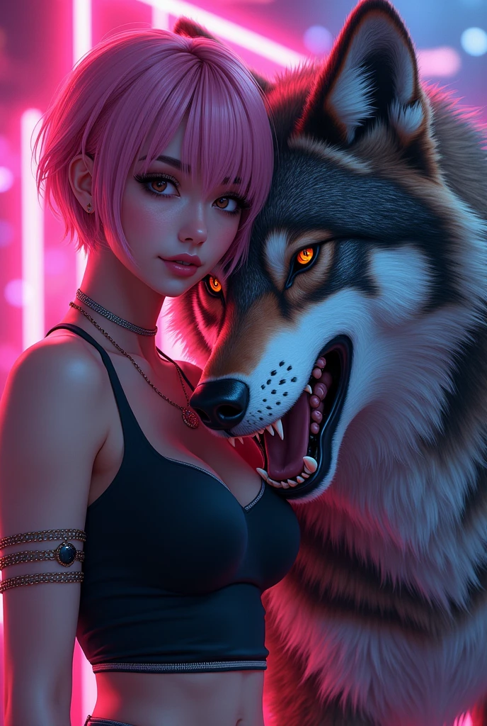 Chilling with a fierce friend 😎🖤✨ Detailed ink and neon vibes, this duo is pure badassery! 🐺🔥
Prompt: Create an 8k, hyper realistic, airbrush glossy GTA V anime poster style image of a beautiful woman with a soft smile , sitting beside a large, snarling wolf with intricate fur details. She is wearing modern casual clothing with a sleeveless black top and accessories like bracelets and a necklace. The background should have vibrant neon glowing abstract geometric shapes to add to the composition's dynamic feel. Short hair pink name Aa