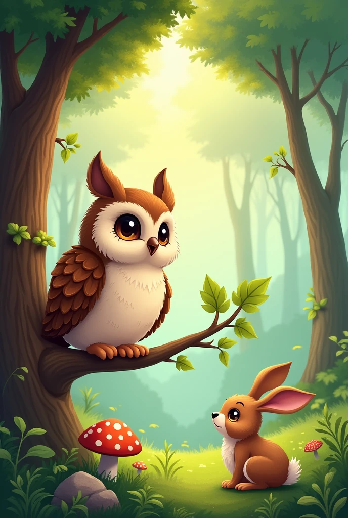 owl in a forest perched on a tree and brown rabbit, cartoons