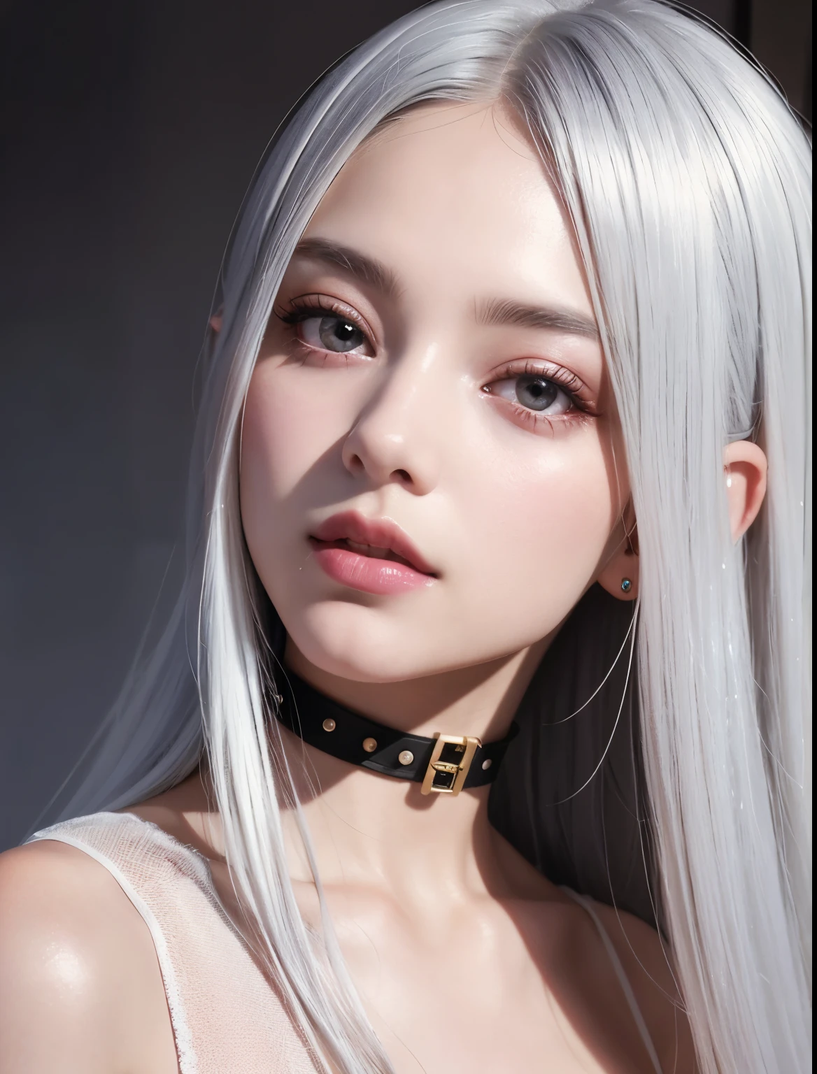 Close up of a long haired woman wearing a choker, girl silver hair, Soft portrait photos 8K, Works inspired by Yanjun Cheng, flowing silver hair, kpop idol portrait, white hair color, silver hair girl, silver hair, Blackpink Joshi&#39;portrait, 8K portrait rendering, silver hair (ponytail), silver hair, light gray hair