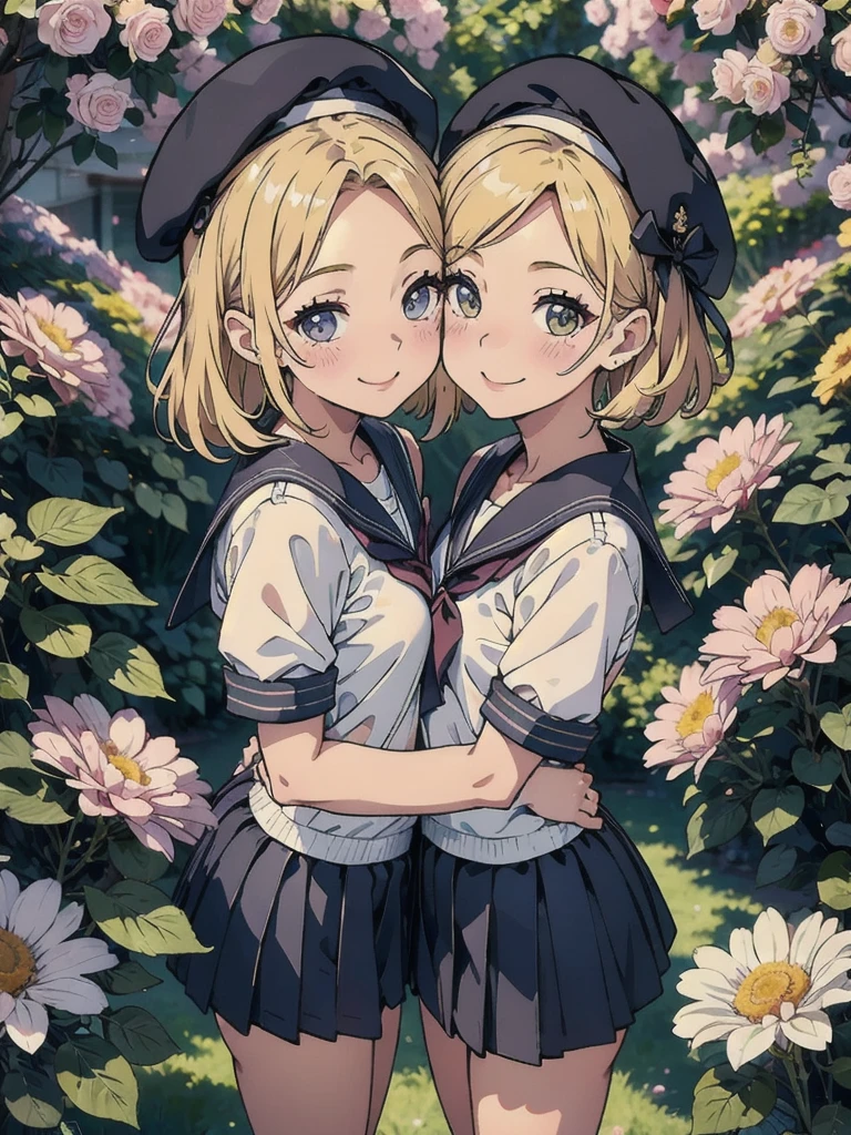 cute、Commemorative photo of the two of us、Smiling face、Sailor suit、mini skirt、beret、surrounded by flowers、kiss, Bring your face closer,Pastel drawing
