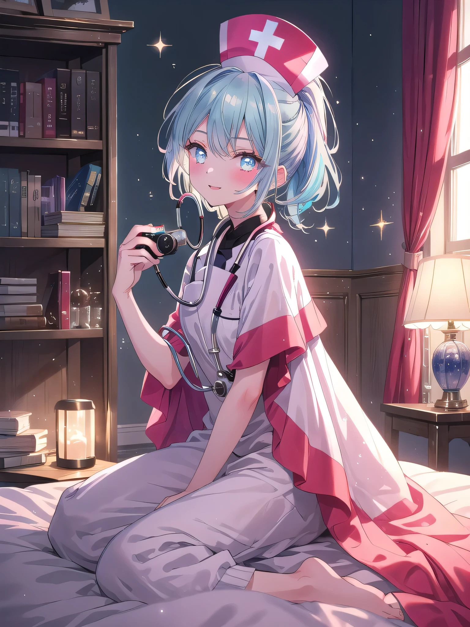 ((8k, Highest quality, masterpiece: 1.3)),Ultra-high resolution,(1 girl, alone), (Color changing eyes, Ultra-detailed, Expressive brilliance, Glitter, Glowing Eyes), Highly detailed eyes, Highly detailed face, Random Hair, ((pastel colour)),A playful young woman with pastel blue hair styled into a loose ponytail, sitting at her vanity in her softly lit bedroom during a quiet evening. She is dressed in a simple yet subtly sexy nurse cosplay, wearing a white dress with a red cross on the chest and a small nurse's cap perched on her head. The camera captures her from a slightly low angle as she smiles warmly while holding a stethoscope, her expression full of care and kindness. The room is warmly lit by a bedside lamp, with a few medical books on the vanity, a cozy blanket draped over the bed, and a calming, comforting atmosphere.

