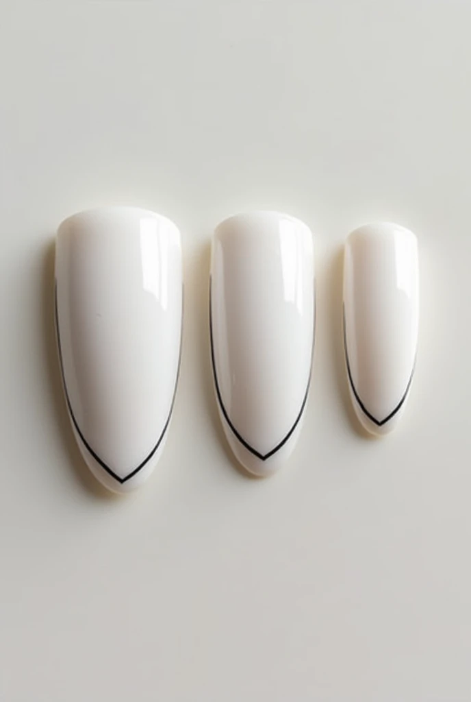 White Gel Nails, 1cm Long, Squoval, decentered black decorative lacquer edging 