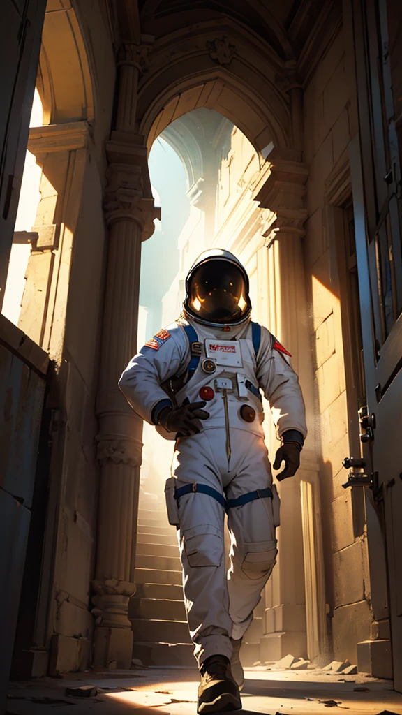 The astronaut stepped inside the dark, ancient building, The massive door sealed shut behind him. The sound of mysterious footsteps grew closer, But the astronaut didn't notice.
