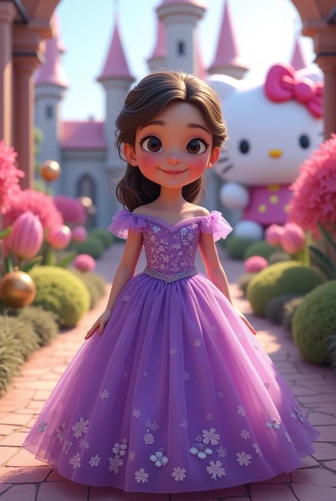 Real people girl 7 yea wearing purple gown with back ground hello kitty and castle