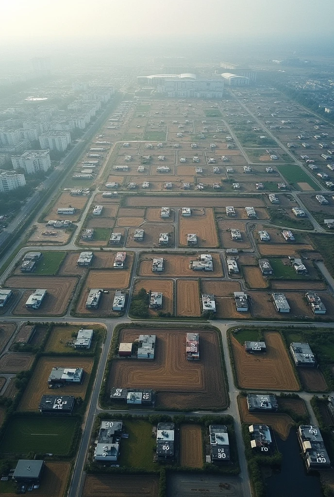 An aerial photo of the land with some lots of different sizes marked without green areas