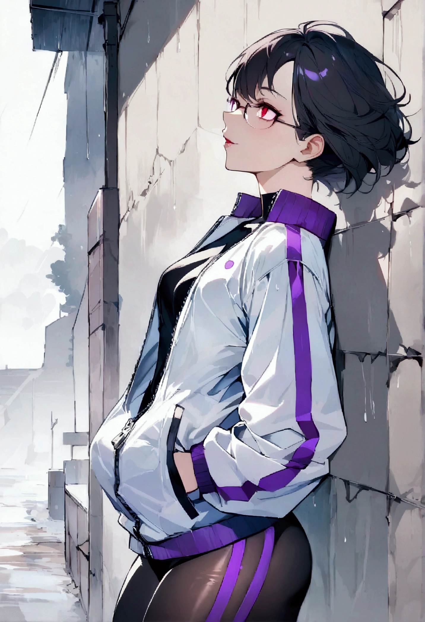 standing,alone,leaning against a broken wall,short hair,work of art,face detailed,beautiful young fitness woman with , in a gym wearing May with black pantyhose, white and purple tight short gym jacket. standing alone,red eyes glowing,Evil smile,legging preto ,labiaa,dark eye shadow,shining eyes,a hand leaning against the wall,neckleace,jacket zipper half open,Tight black shirt,white sports tennis shoes,short hair with purple details,beautiful curves,whole body,hair with purple details,labiaa,detailed face and eyes,work of art,sexy look,pefil from sideways,from sideways,wind in your hair,fully body,glasses on eyes,rain storm,Clouded