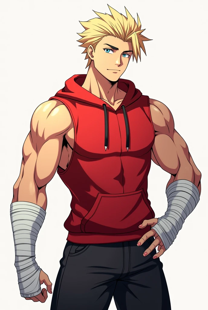 Male anime character athletic physique red sleeveless sweatshirt outfit with hoods arms a thin white bands that envelop both forearms and the palms of the hands leaving only the fingers sample black cargo pants blond hair slightly long with a pompadour falling back parted to the right side thick and spiky bangs divided in the center center dominant left side with more and longer strands and on the right side shorter strands