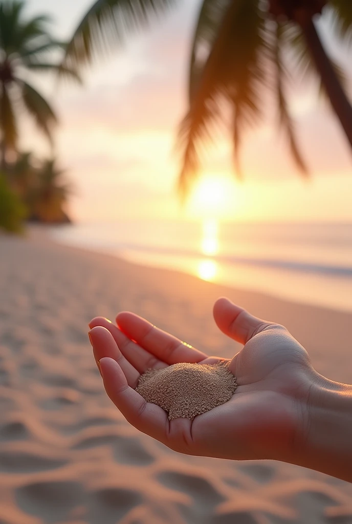 Beach palm trees relax sunrise playing filtering sands through hand no ladies only hand

