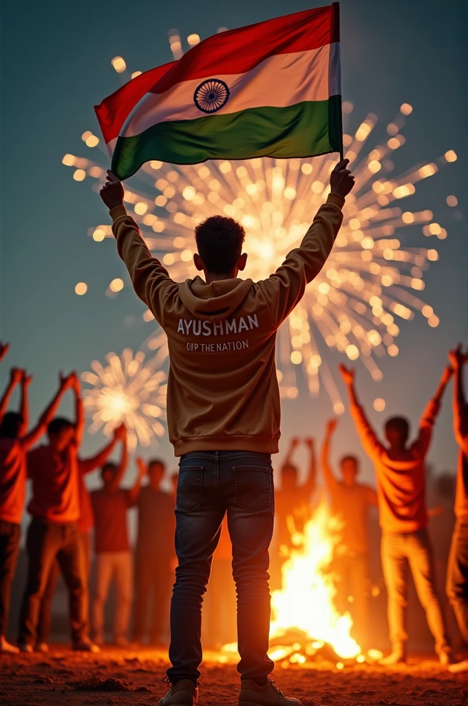 Portrait of a 15-year-old Indian boy standing by a bonfire, holding the Indian flag. The night sky is filled with fireworks, and his friends are cheering around him. His hoodie has 'Ayushman' on it, and 'Lighting Up the Nation' is captioned at the top.”