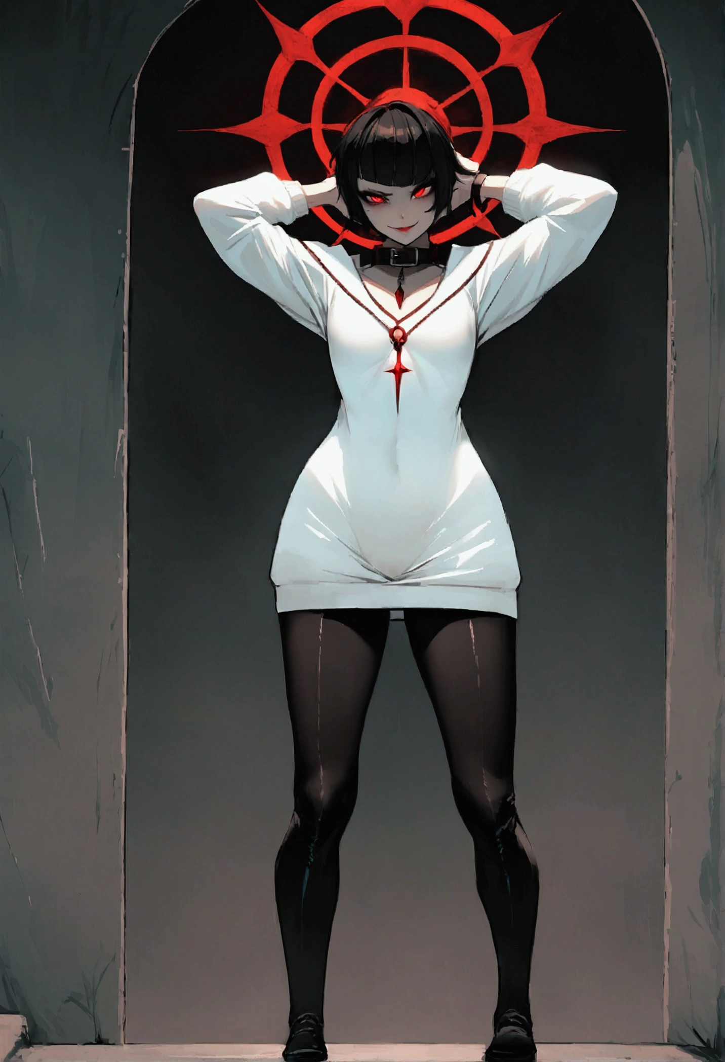 standing,alone,short hair,work of art,face detailed,young fitness linda,Wearing black pantyhose,tight white sweater with collar ,neckleace,evil smile,red eyes glowing,labiaa,eye shadow,bangs on the eyes,Hands behind the head ,Raby,nullified,tempest,citys
