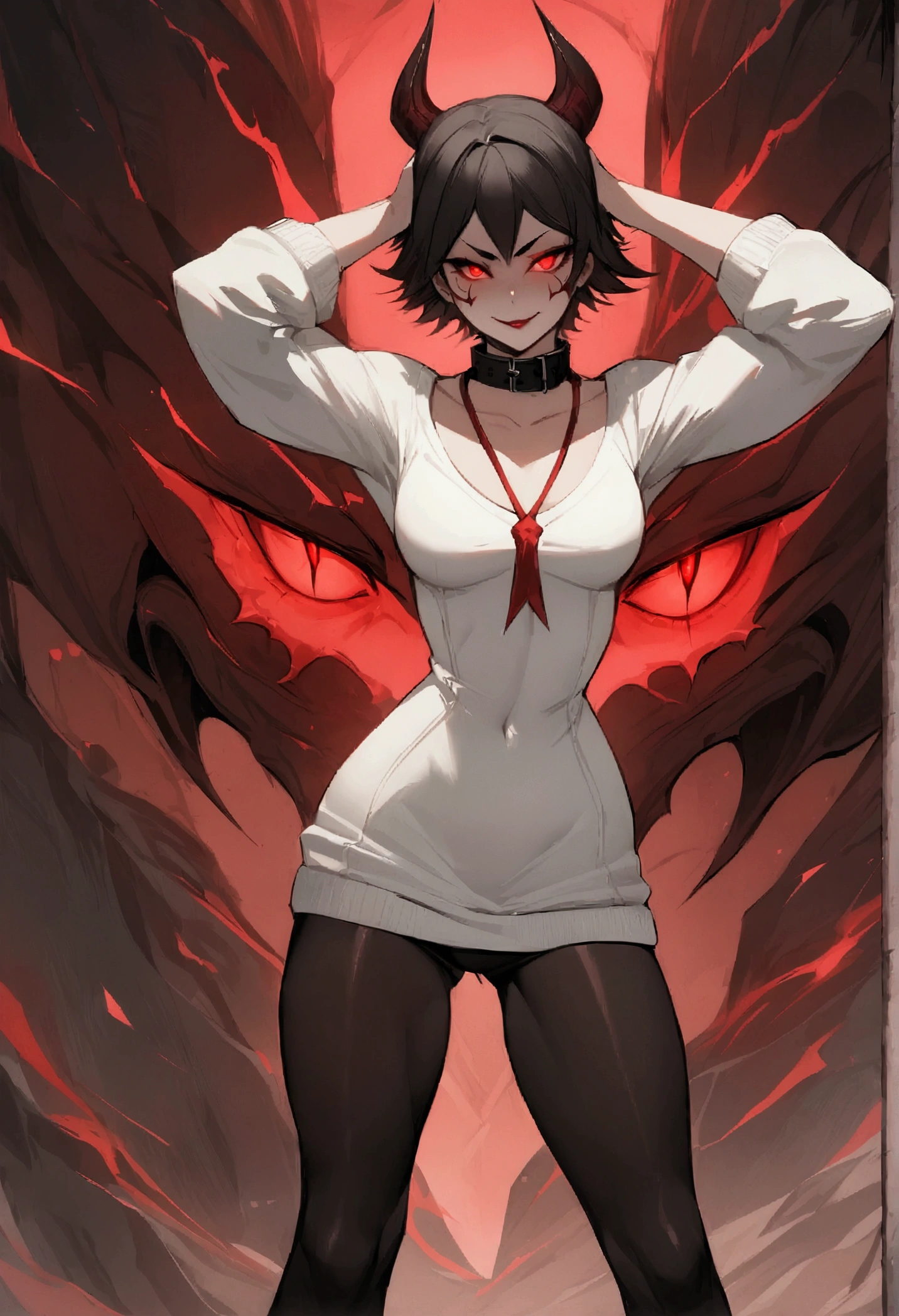 standing,alone,short hair,work of art,face detailed,young fitness linda,Wearing black pantyhose,tight white sweater with collar ,neckleace,evil smile,red eyes glowing,labiaa,eye shadow,bangs on the eyes,Hands behind the head ,Raby,nullified,tempest,citys,standing backwards, sexly