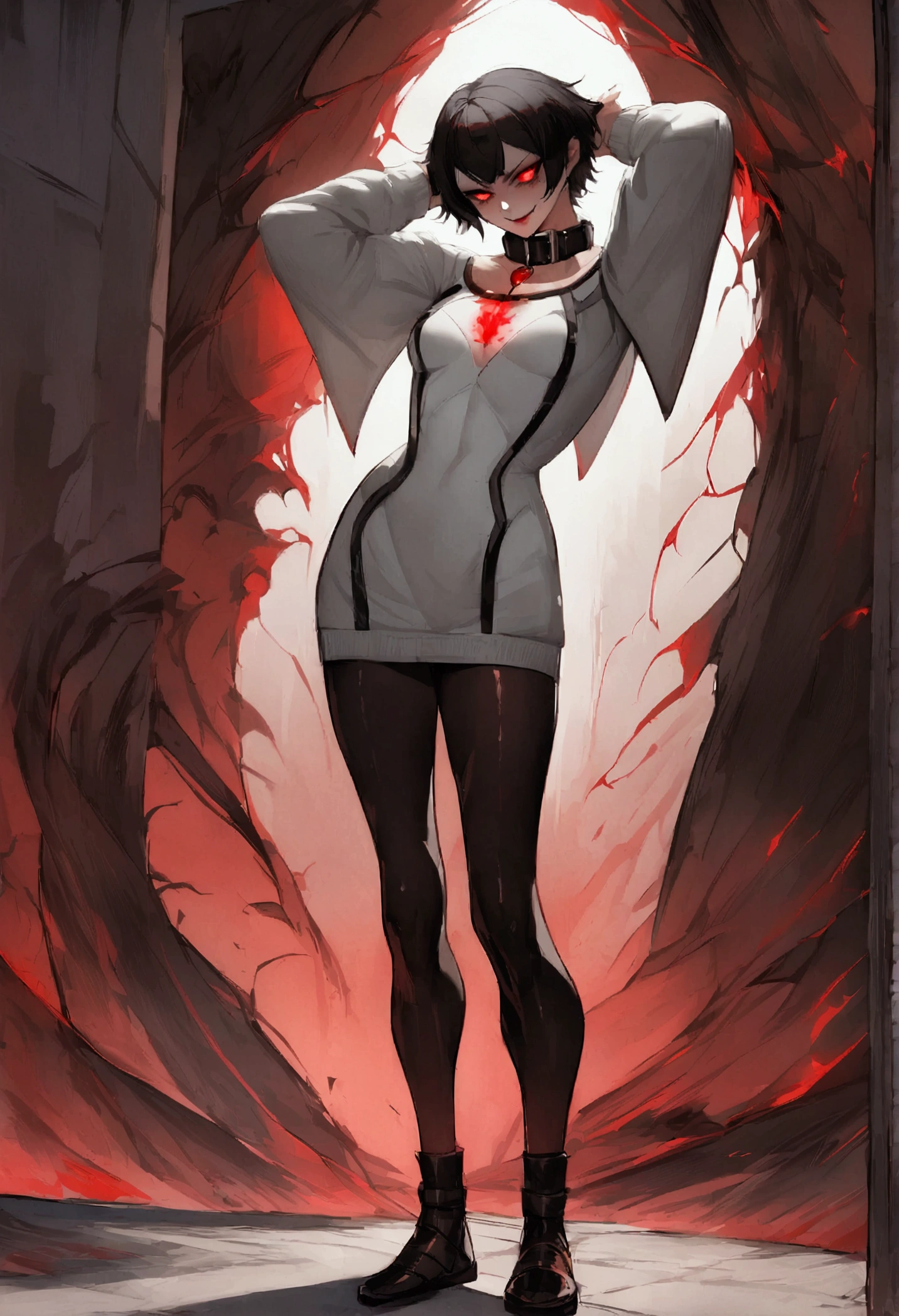 fully body,standing,alone,short hair,work of art,face detailed,young fitness linda,Wearing black pantyhose,tight white sweater with collar ,neckleace,evil smile,red eyes glowing,labiaa,eye shadow,bangs on the eyes,Hands behind the head city
