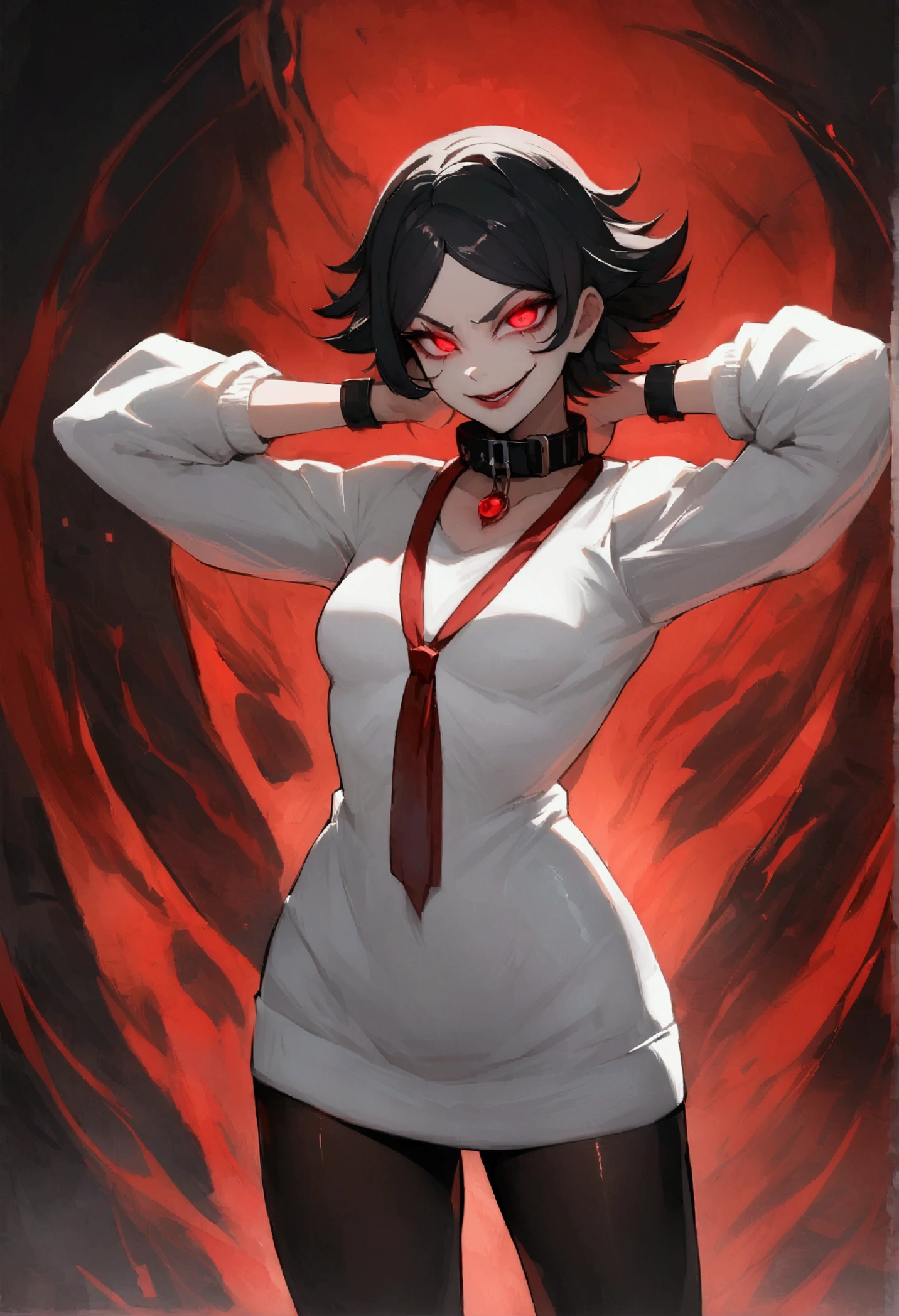 standing,alone,short hair,work of art,face detailed,young fitness linda,Wearing black pantyhose,tight white sweater with collar ,neckleace,evil smile,red eyes glowing,labiaa,eye shadow,bangs on the eyes,Hands behind the head ,Raby,nullified,tempest,citys
