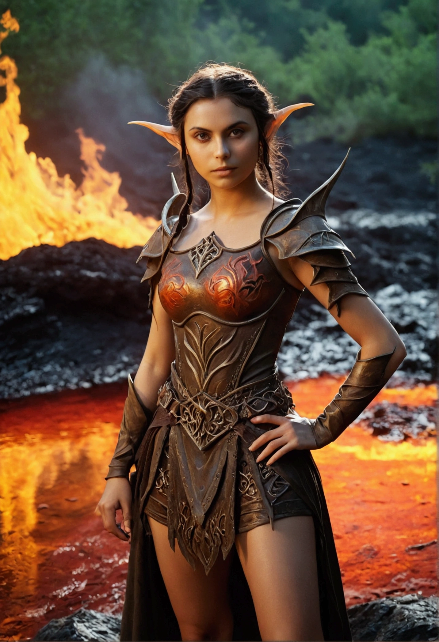 analog film photo, photo of a young fire elf, 18 years-old, female, elf, pointy ears, dark messy hair, sun-kissed complexion, sweaty skin, pretty, natural beauty, tall, full hourglass figure, thick thighs, big butt, wearing an iron cuirass and a battle skirt, posing in a fiery lava lake, surrounded by flames and smoke, hellish landscape, nighttime, resembles Morena Baccarin, RAW Photograph, dslr, soft lighting, high quality, film grain, Fujifilm XT3, detailed skin with visible pores, insane details, masterpiece, 8k, 35mm photograph, dslr, kodachrome, faded film, desaturated, grainy, vintage, Lomography, stained, highly detailed, found footage, close-up shot, elven ears
