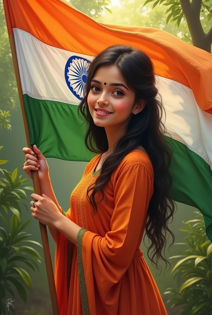 Indian girl wearing kurti and hold indian flag