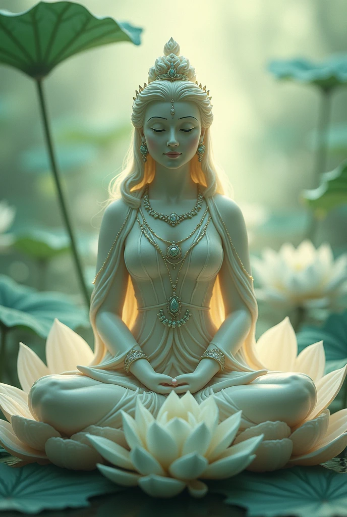 Tara :
   - A serene goddess with a calming presence, often depicted with a gentle smile. She can be shown sitting on a lotus or a throne, surrounded by lotus flowers, with a soft green or blue background, symbolizing compassion and protection. In dall e-3 style