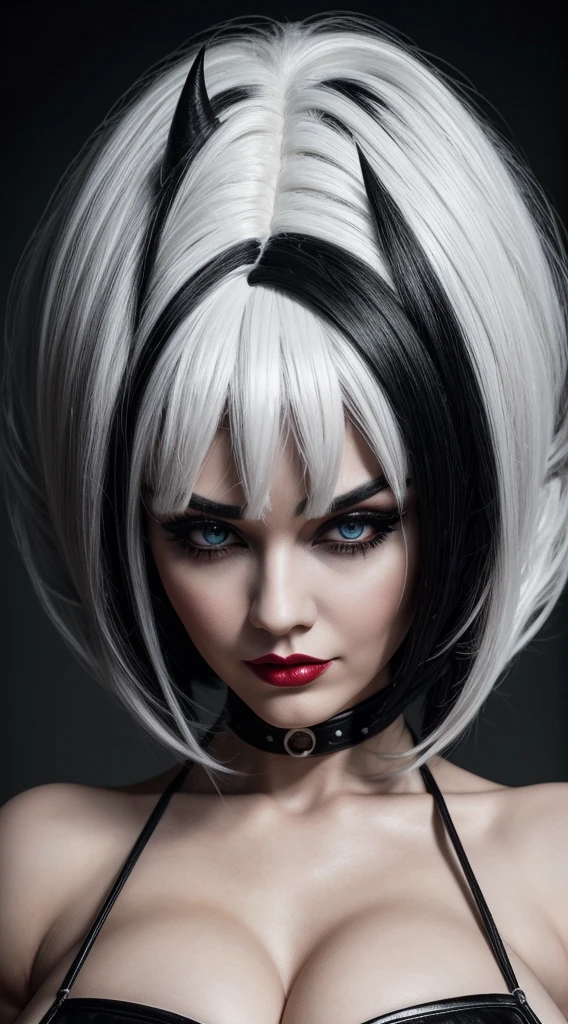 a woman with white hair and black and white wig, photo inspired by Edo Murtić, tumblr, pop surrealism, black hair and white bangs, black and white hair, cruella devil, cleavage, photorealistic, high quality, masterpiece, detailed, sharp focus, vibrant colors, dramatic lighting