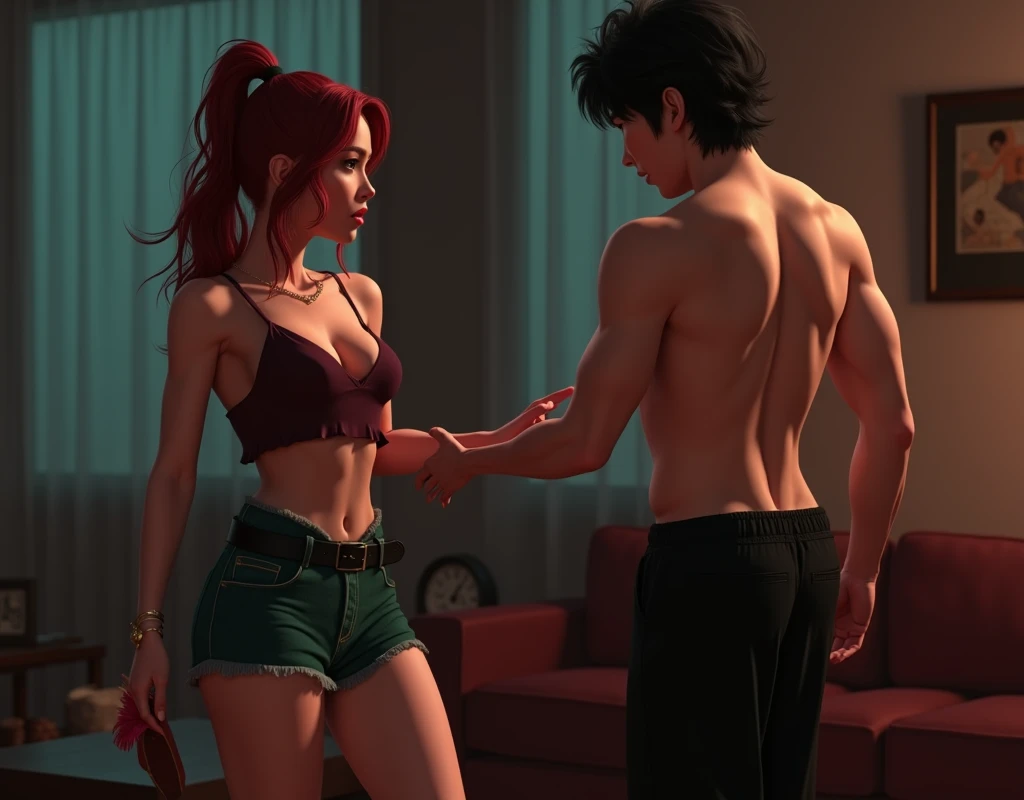 170 cm tall, 24-year-old woman with very pale skin, vibrant maroon wavy medium-length layered hair in a high ponytail, fit figure, wearing a sapphire flowy top, dark green suede shorts, black belt, and red high-heel wedge sandals, with a tentative expression. Behind her, a 190 cm tall, 27-year-old lithe man with black wavy bowl cut hair, shirtless, Chinese-Korean-Japanese features, wearing black pajama pants, reaching towards her with an intrigued expression. Scene set in a dark-toned bachelor pad living room. Photorealistic, cinematic.