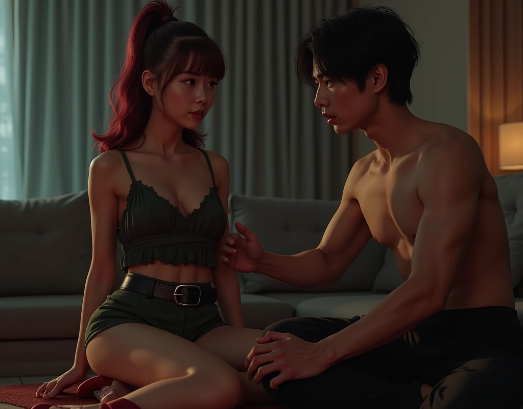 170 cm tall, 24-year-old woman with very pale skin, vibrant maroon wavy medium-length layered hair, parted to the side in a high ponytail, fit figure, blue flowy top, dark emerald suede shorts, black belt around waist and red high heel wedge sandals with a tentative expression. Behind her, reaching towards her is a 190 cm tall, 27-year-old lithe figured attractive man with a black wavy bowl cut hair, shirtless, Chinese-Korean-Japanese features, wearing black pajama pants, intrigued expression, inside dark toned bachelor pad living room. Photorealistic, cinematic.