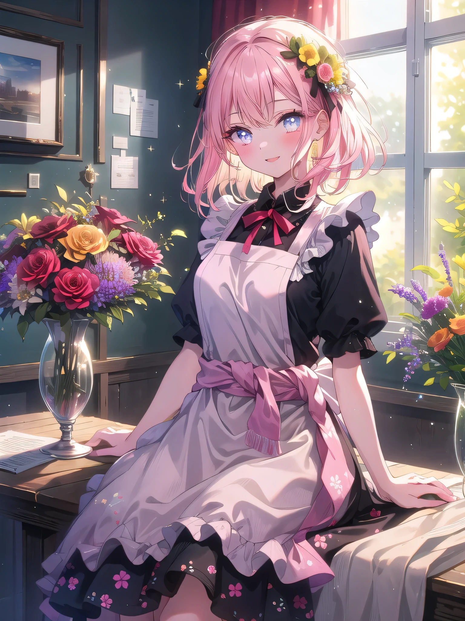 ((8k, Highest quality, masterpiece: 1.3)),Ultra-high resolution,(1 girl, alone), (Color changing eyes, Ultra-detailed, Expressive brilliance, Glitter, Glowing Eyes), Highly detailed eyes, Highly detailed face, Random Hair, ((pastel colour)),A cheerful young woman with pastel pink hair styled into loose waves, sitting on the floor of her brightly lit bedroom during a sunny morning. She is dressed in a cute yet subtly sexy flower shop assistant cosplay, wearing a simple sundress with a floral print and an apron tied around her waist. The camera captures her from a slightly elevated angle as she smiles warmly while arranging a bouquet of flowers, her expression full of care and creativity. The room is bathed in natural sunlight, with vases of fresh flowers on a nearby table, a few gardening tools scattered around, and a fragrant, blooming atmosphere.
