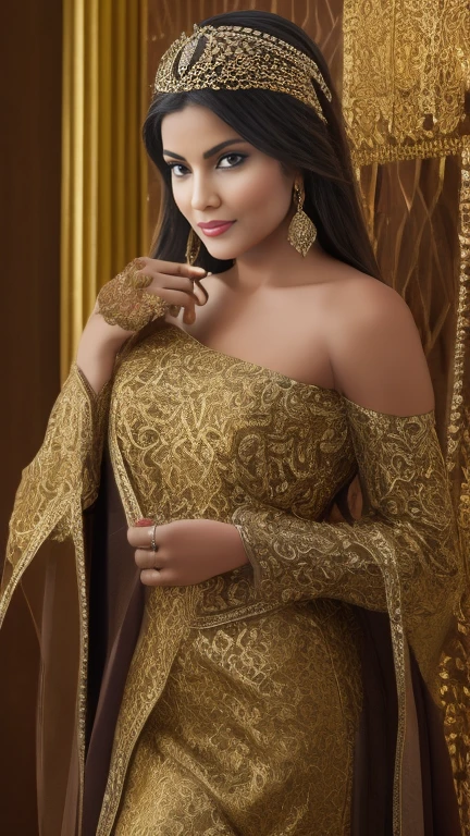 Women in scanty attire, reminiscent of Arabian Nights, pose elegantly within an opulent Arabian palace. Their voluptuous forms are accentuated by the intricate, golden décor, with long, flowing dark hair cascading down their shoulders. The women's expressive eyes convey a sense of mystery and allure. This exquisite, photorealistic image guarantees a high level of detail, showcasing the rich textures and intricatepatterns of their ornate clothing, as well as the intricately painted walls of the palace. Captured in 8K UHD with a 20MP camera, such as a Canon EOS R5 or F