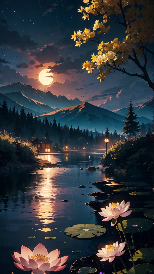 night, Only moonlight illuminates, Meniscus, Distant Mountain, Beautiful large lotus nearby, Big red lotus, There is a water supply next to it, Frog, Summer is full of joy, The crescent moon and the stars in the sky blend together, Awesome Wallpapers, 雨のnight, 雨のnight, Beautiful and beautiful, Cinema Lighting, High detail ((It rained heavily))), 8k