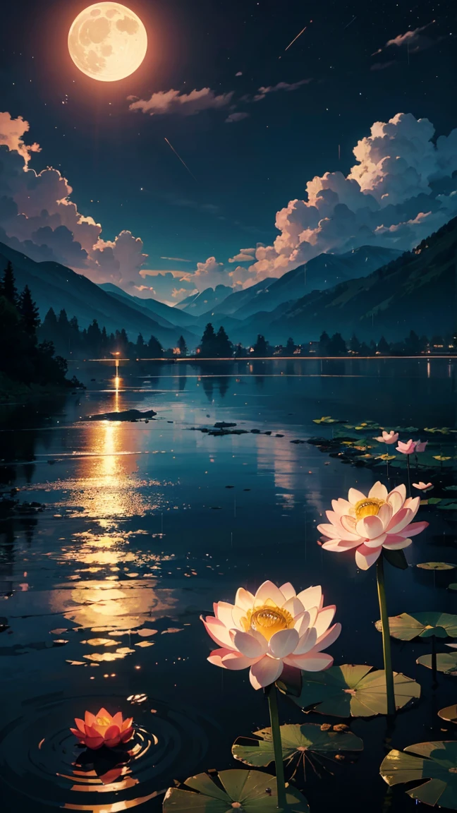 night, Only moonlight illuminates, Meniscus, Distant Mountain, Beautiful large lotus nearby, Big red lotus, There is a water supply next to it, Frog, Summer is full of joy, The crescent moon and the stars in the sky blend together, Awesome Wallpapers, 雨のnight, 雨のnight, Beautiful and beautiful, Cinema Lighting, High detail ((It rained heavily))), 8k