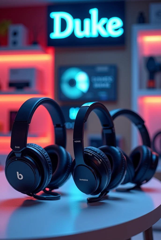 A photo with several wireless headphones in a store, the name of the varieties Duke is visible  