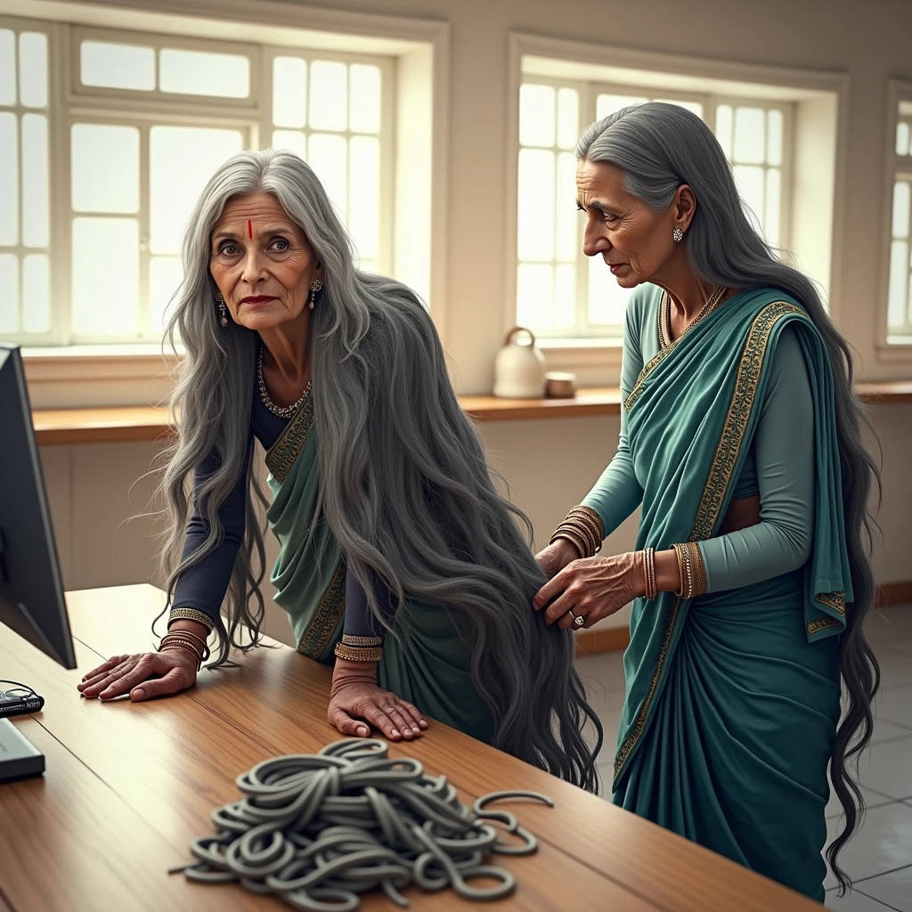 Ultra detailing image prompt,Generate by using all the ladies features,figures and detailes,exactly and stictly as per the image prompt,Generate with strictly indian eldery ethnecity,Generate ladies straight hairs flow and length continuevity with using exact image prompt,Strictly follow the hair colors exactly as per image prompt,Generate ladies hairs as gray black colors exactly as per image prompt,Generate with perfect eye friendly color grading without damaging hairs shininess,