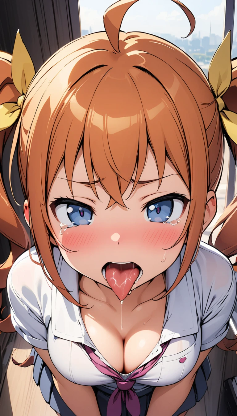 (1girl, kurusu kanako, ore no imouto ga konna ni kawaii wake ga nai), beautiful detailed eyes, black eyes,(tareme), half-closed eyes, (opened big mouth, licking, Sticky tongue), nsfw, (close-up mouth), (curvy, Slender),(cleavage), from above, Highest quality, Super detailed, masterpiece, Ultra-high resolution, 8k, Embarrassing, blush, Lovely, (With tears in her eyes and her mouth open), Sticky saliva