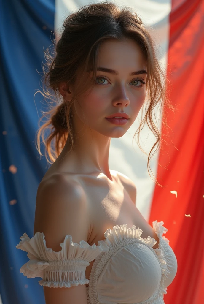 Beautiful Marianne, 18 years old、French goddess。whole body。slim、Small breasts。French flag background