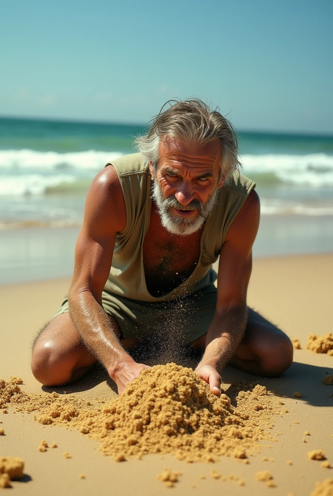 Holocene period, primitive man
Neanderthal
naked on a remote rocky beach on a sunny morning with many oysters, fish bones and on the ground , searching for shells on the sand, dead fish on the sand, piles of shells nearby