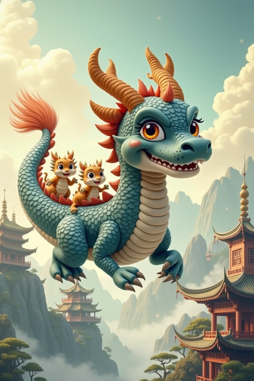 A gray Chinese dragon,huge,cute style,Warm expression,fly,with a few small dragons on its back,cute style,Chinese style in the background,Don't need wings