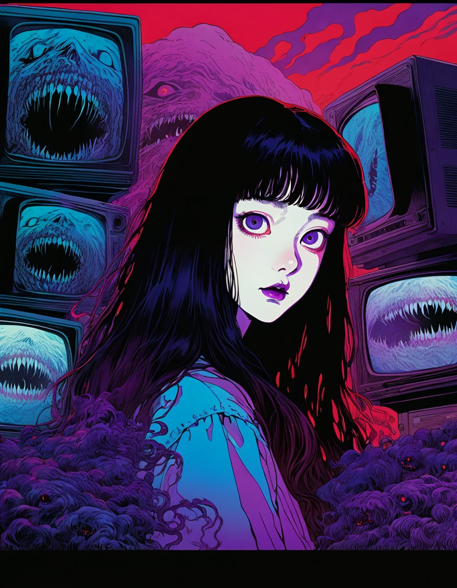 illust、art、from 80s horror movie、directed by Junji Ito、nightmare、high detail、realsitic shadow、Analog style、vhs style、8mm film,、chromatic aberration、Dvd screengrab、Blue-purple and red-purple gradation、Surrealism