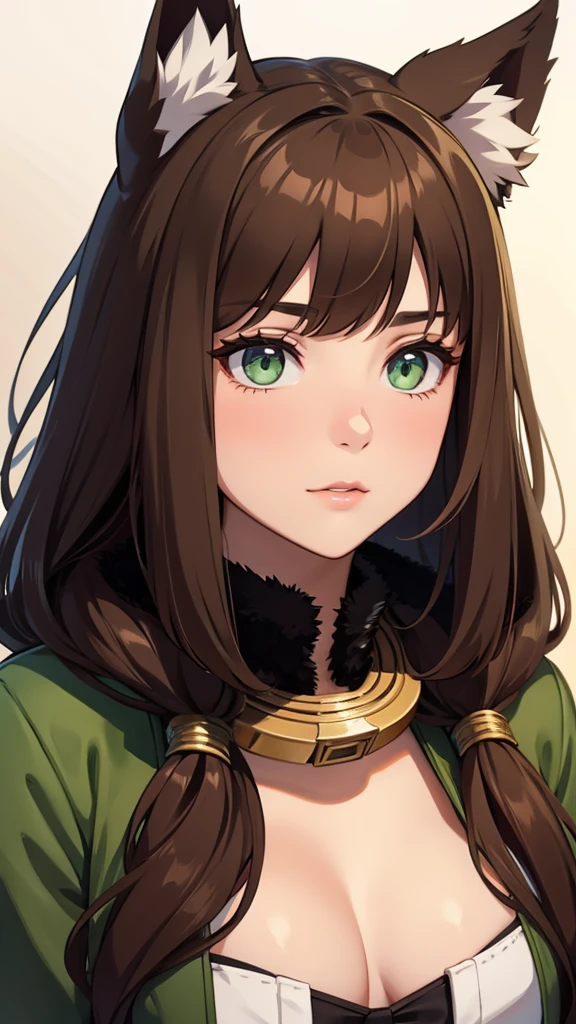 one girl,with one pair of dog ears,
long soft brown hair,one dog tail,green eyes,in a fur coat,tribe,With a collar around the neck,Darling, Defenseless,flushed face