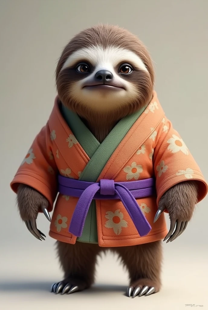 Lazy sloth with a grumpy face wearing a kimono with a purple jiu jitsu belt.