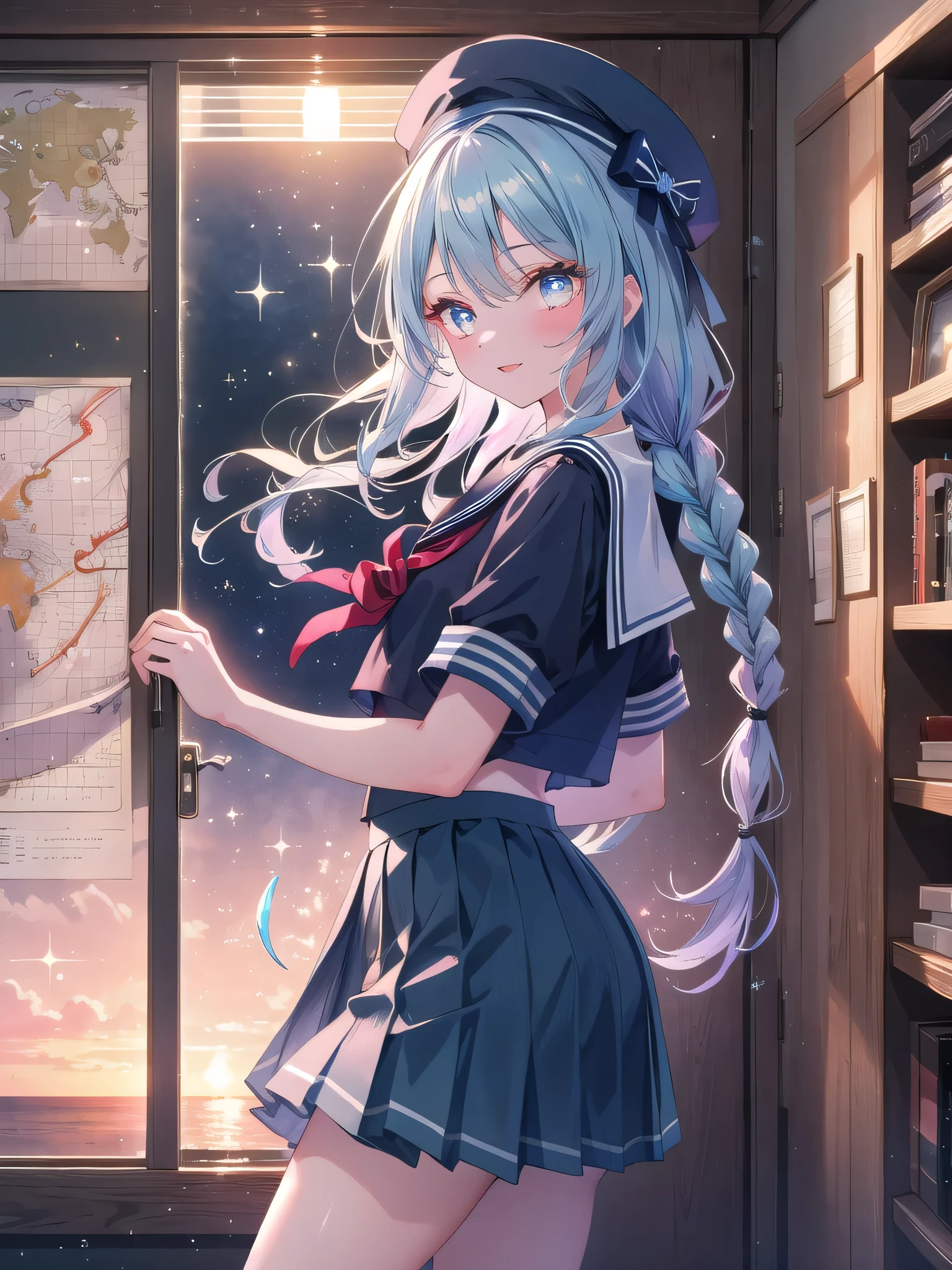 ((8k, Highest quality, masterpiece: 1.3)),Ultra-high resolution,(1 girl, alone), (Color changing eyes, Ultra-detailed, Expressive brilliance, Glitter, Glowing Eyes), Highly detailed eyes, Highly detailed face, Random Hair, ((pastel colour)),A lively young woman with pastel blue hair styled into twin braids, standing by her closet in her softly lit bedroom during a late afternoon. She is dressed in a modest yet subtly sexy sailor-themed cosplay, wearing a pleated navy-blue skirt, a fitted white blouse with a sailor collar, and a small sailor hat. The camera captures her from a side angle as she adjusts the hat with a bright smile, her expression full of enthusiasm and adventure. The room is warmly lit by the setting sun, with a small model ship on a shelf, a map of the world on the wall, and a nautical, exploratory atmosphere.


