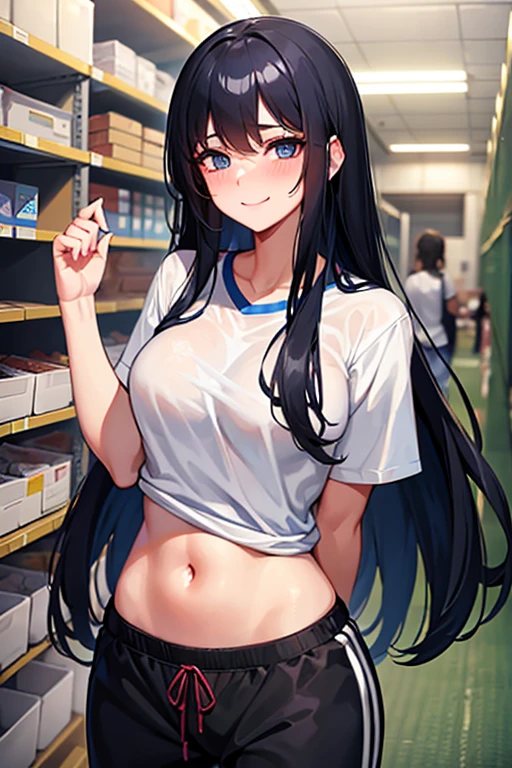 A seductive high school girl with long black hair and blue eyes, wearing a jersey and long sweatpants, blushing and smiling in the warehouse, like an idol of the track and field club.