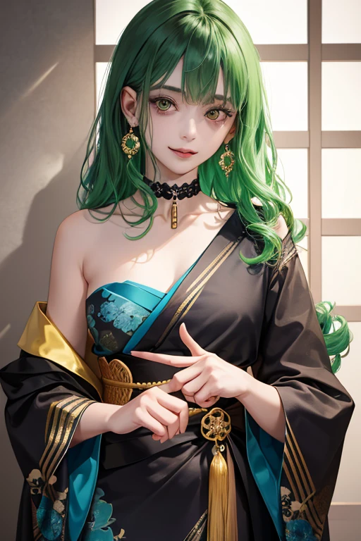 
green curly hair、Earrings、choker、Golden Eyes、Devil boy、１７Age、A devilish, mischievous laugh、Japanese clothing、Black and blue floral kimono dress、Waist to head、Place your right hand on your left shoulder、Reverse peace sign with right hand、masterpiece、High resolution、Delicate、Seimitsu
