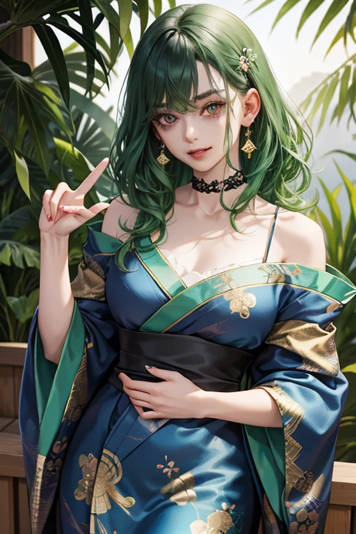 
green curly hair、Earrings、choker、Golden Eyes、Devil boy、１７Age、A devilish, mischievous laugh、Japanese clothing、Black and blue floral kimono dress、Waist to head、Place your right hand on your left shoulder、Reverse peace sign with right hand、masterpiece、High resolution、Delicate、Seimitsu
